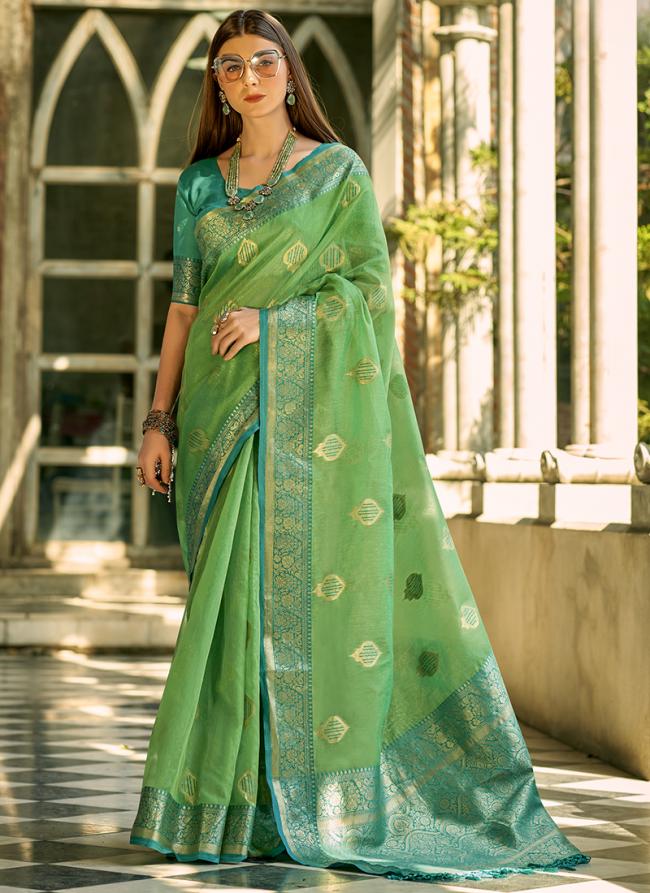 Tissue Silk Parrot Green Party Wear Weaving Saree